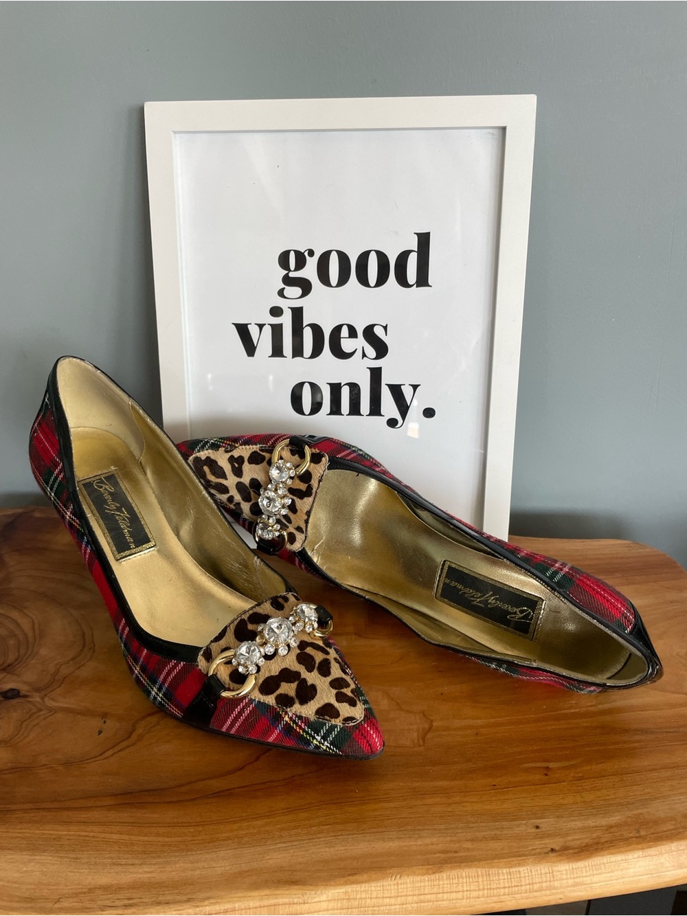 Beverly Feldman Red Plaid & Leopard Pointed Pumps with Crystal Buckle